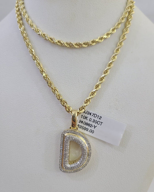 10k 3mm Rope Solid Chain D Diamond Pendant Alphabet 18"-28" Gold Charm Necklace