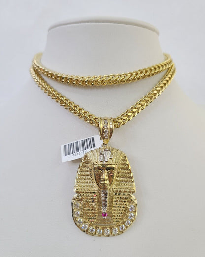 10K Franco Chain Pharaoh Pendant Charm Necklace 20"-26" 5mm Yellow Gold SET