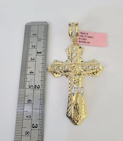 14k Figaro Chain Jesus Cross Charm Pendant Gold 7mm 20-30 inch SET Necklace