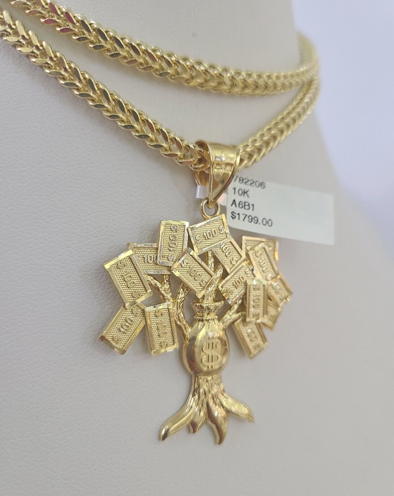 10K Franco Chain Money Tree Pendant Charm Necklace 20"-28" 4mm Yellow Gold SET