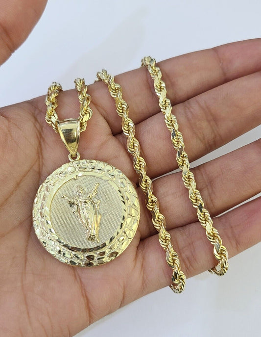 10k Solid Rope Chain Nugget Medallion Guadalupe Charm Set 4mm 18"-28" Necklace