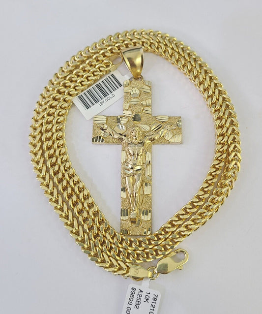 10K Franco Chain Jesus Cross Pendant Charm Necklace 20"-26" 5mm Gold SET Yellow