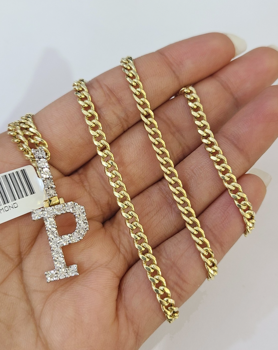 10K Gold Miami Cuban Chain P Diamond Initial 18"-24" 2mm Pendant Necklace SET