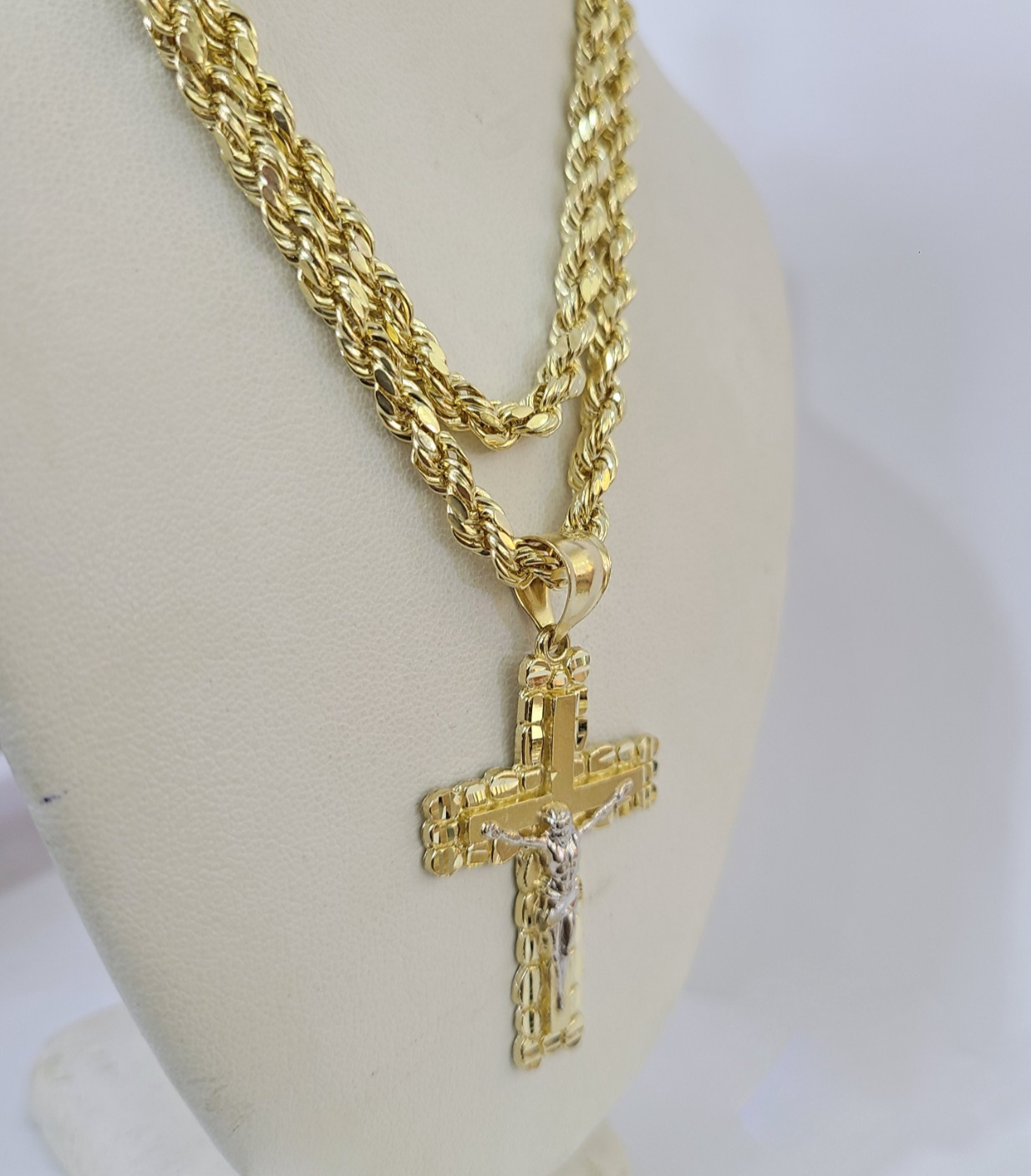 Real 10k Rope Chain Jesus Cross Charm Necklace Pendant Set 4mm 18"-28" Gold