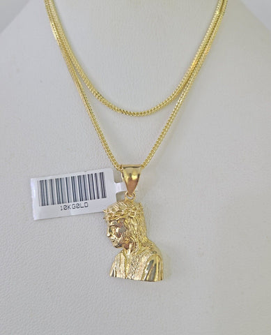 10K Gold Franco Chain Jesus Head Charm SET 18-24 inches 1mm Necklace