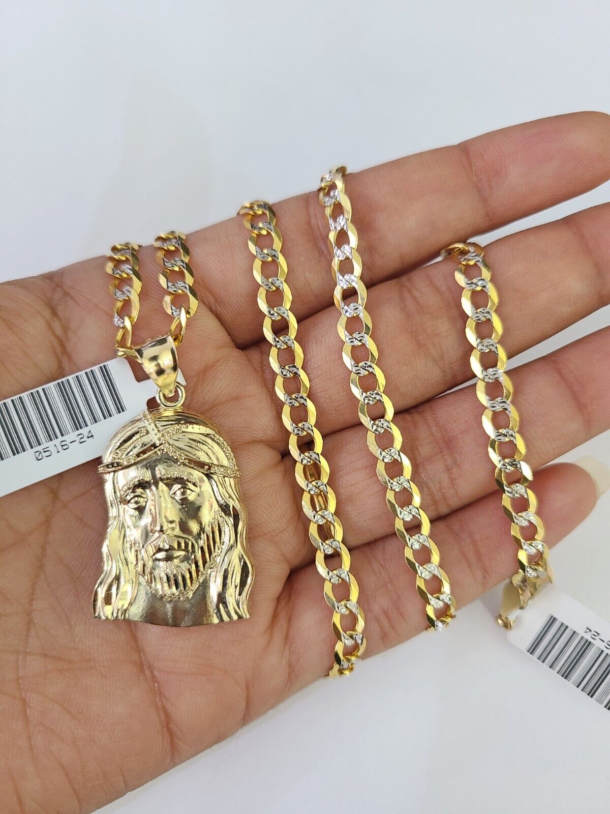 10k Gold Chain Jesus Head Charm Solid Cuban Curb Link 5mm 18"-28" Inch SET