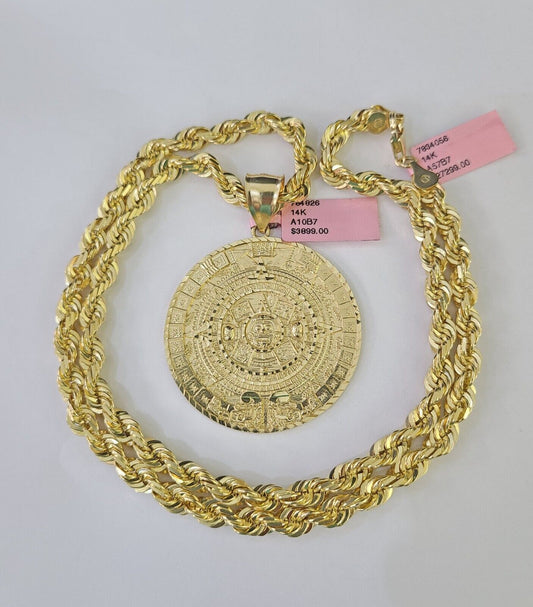 Real 14k Solid Rope Chain Mayan Calendar Charm Set 6mm 18"-30" Necklace Gold