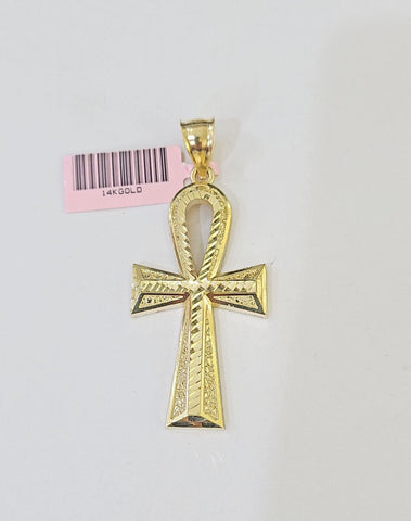 Real 14k Yellow Gold Rope Chain Ankh Cross Charm Set Link 7mm 22Inch Necklace
