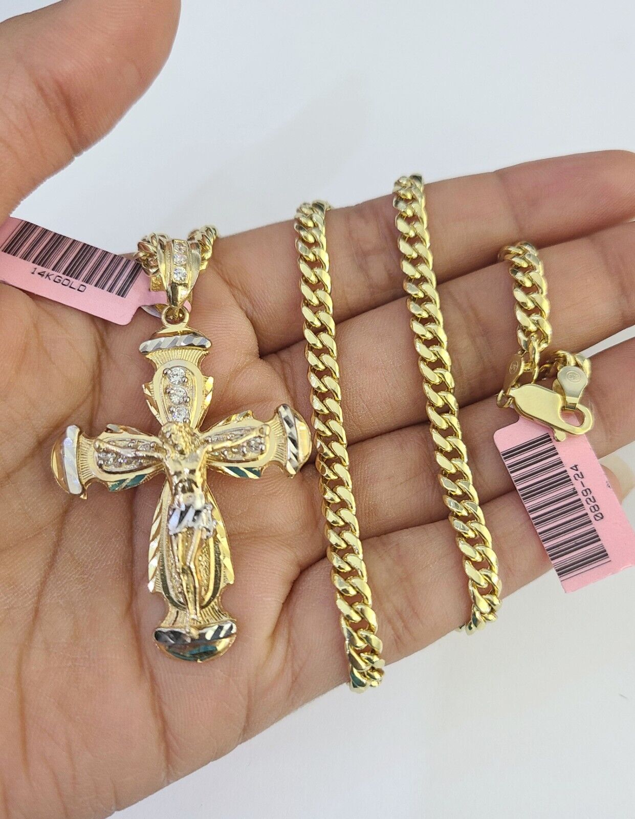 Real 14k Chain Cross Charm Set Miami Cuban Link 5mm 18"-30" Necklace Pendant