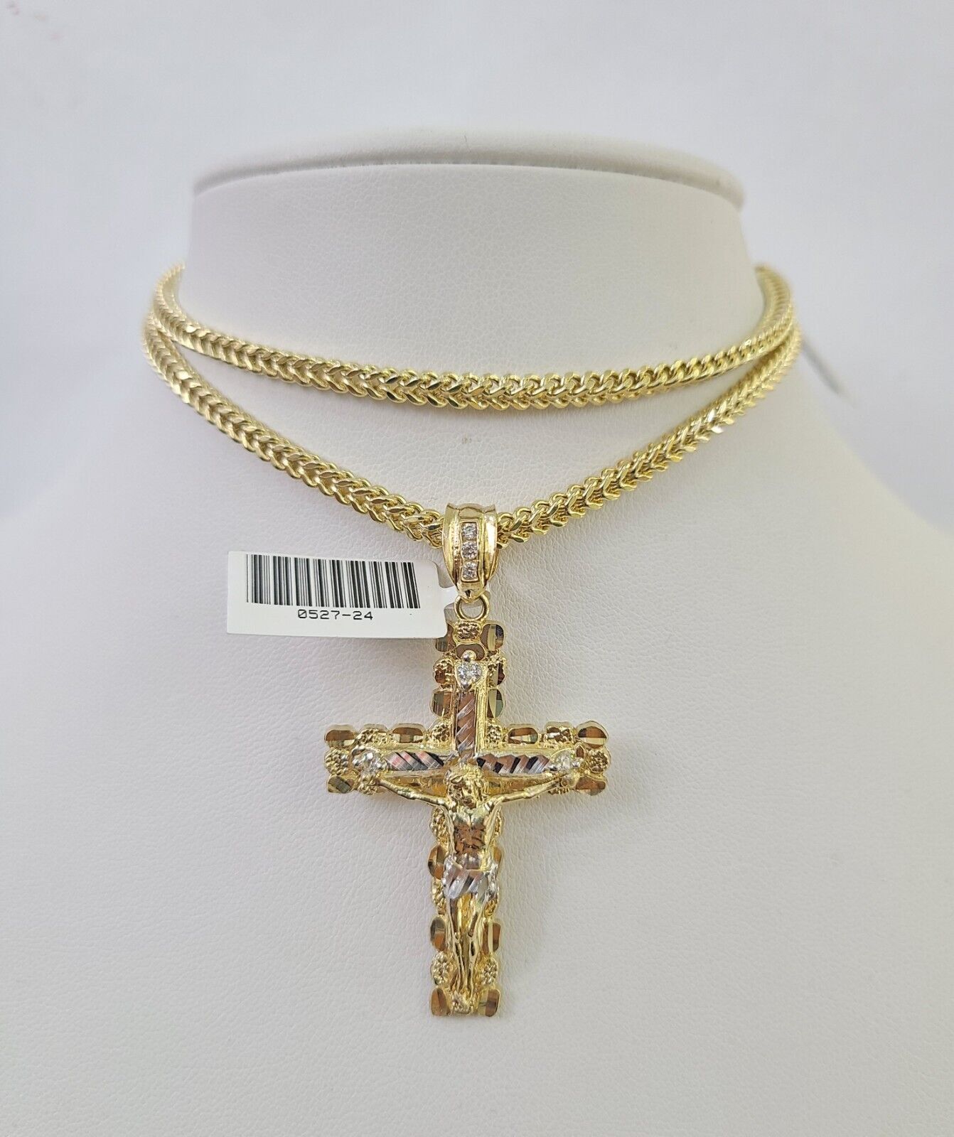 10K Franco Chain Jesus Cross Pendant Charm Necklace 20"-26" 3mm Gold Yellow SET