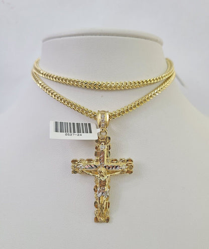 10K Franco Chain Jesus Cross Pendant Charm Necklace 20"-26" 3mm Gold Yellow SET