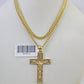 10K Gold Miami Cuban Chain Jesus Cross 18"-28" 3mm Pendant Necklace SET Charm