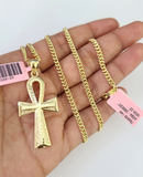 14k Miami Cuban Chain Ankh Cross Charm Pendant 3mm 18"24" inch SET Necklace