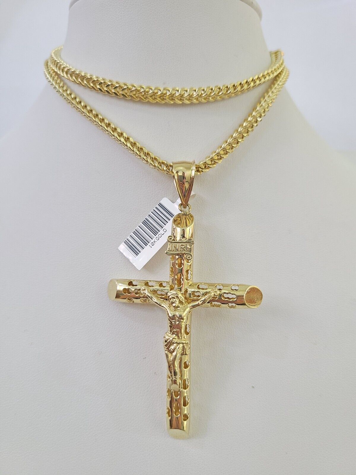 10K Franco Chain Jesus INRI Cross Pendant Charm Necklace 20"-28" 4mm Gold Yellow