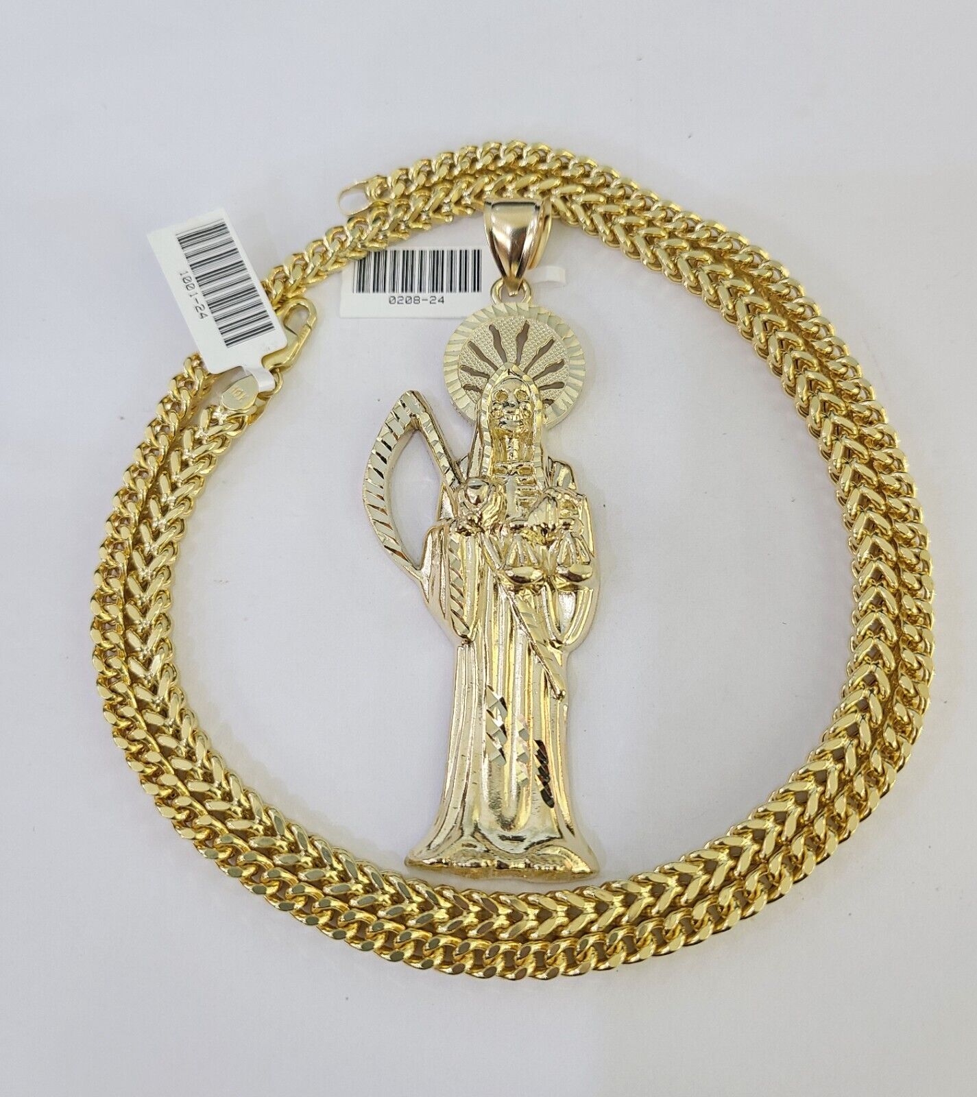 10K Franco Chain Saint Reaper Pendant Charm Necklace 20"-26" 5mm Gold SET Yellow