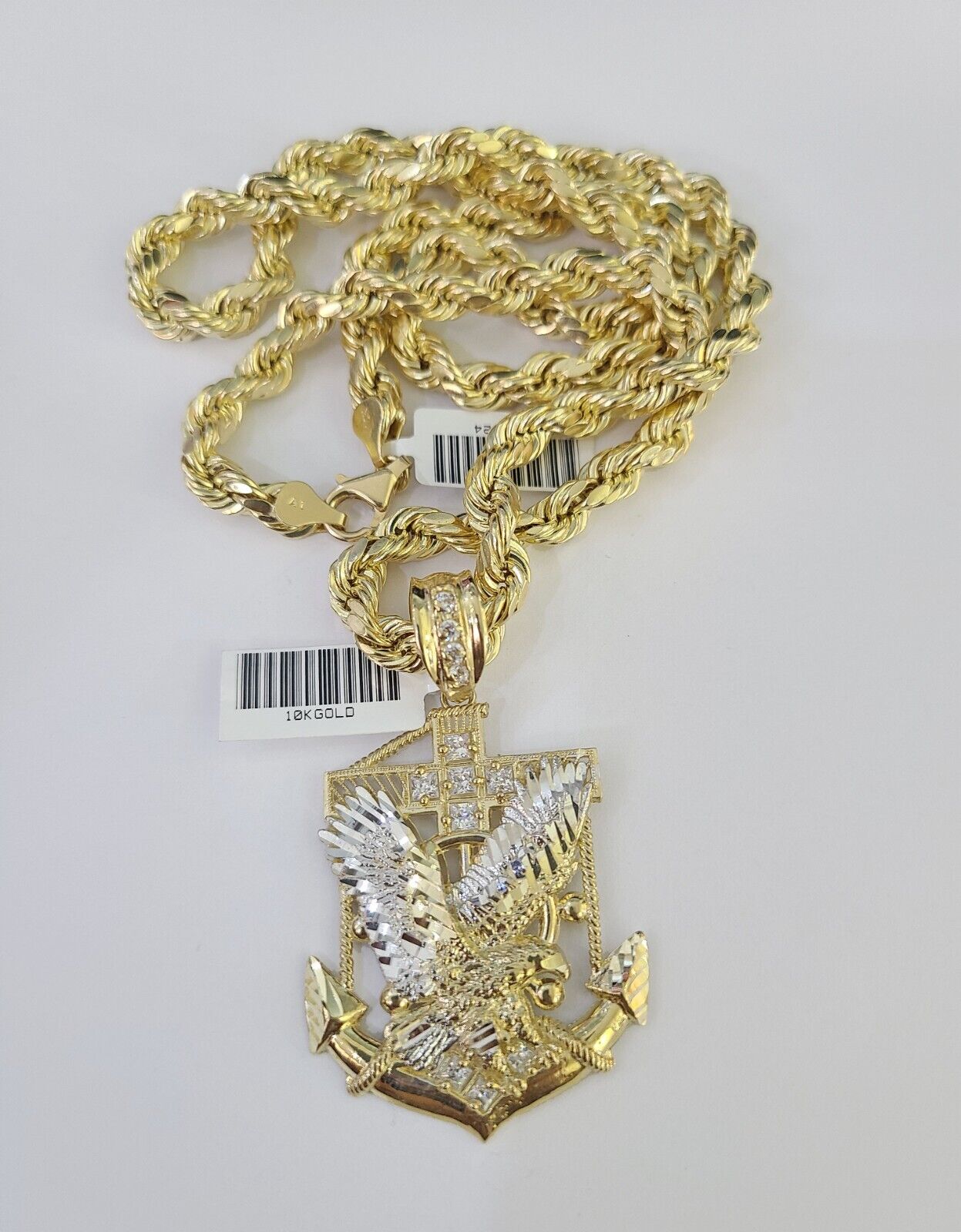 Real 10k Rope Chain Eagle Anchor Charm Set 7mm 20"-28" Inch Necklace Yellow Gold