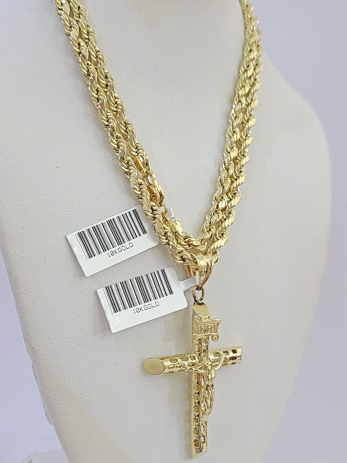 Real 10k Gold Rope Chain Cross Charm Pendent SET 4mm 26 Inch 4mm Necklace Men's