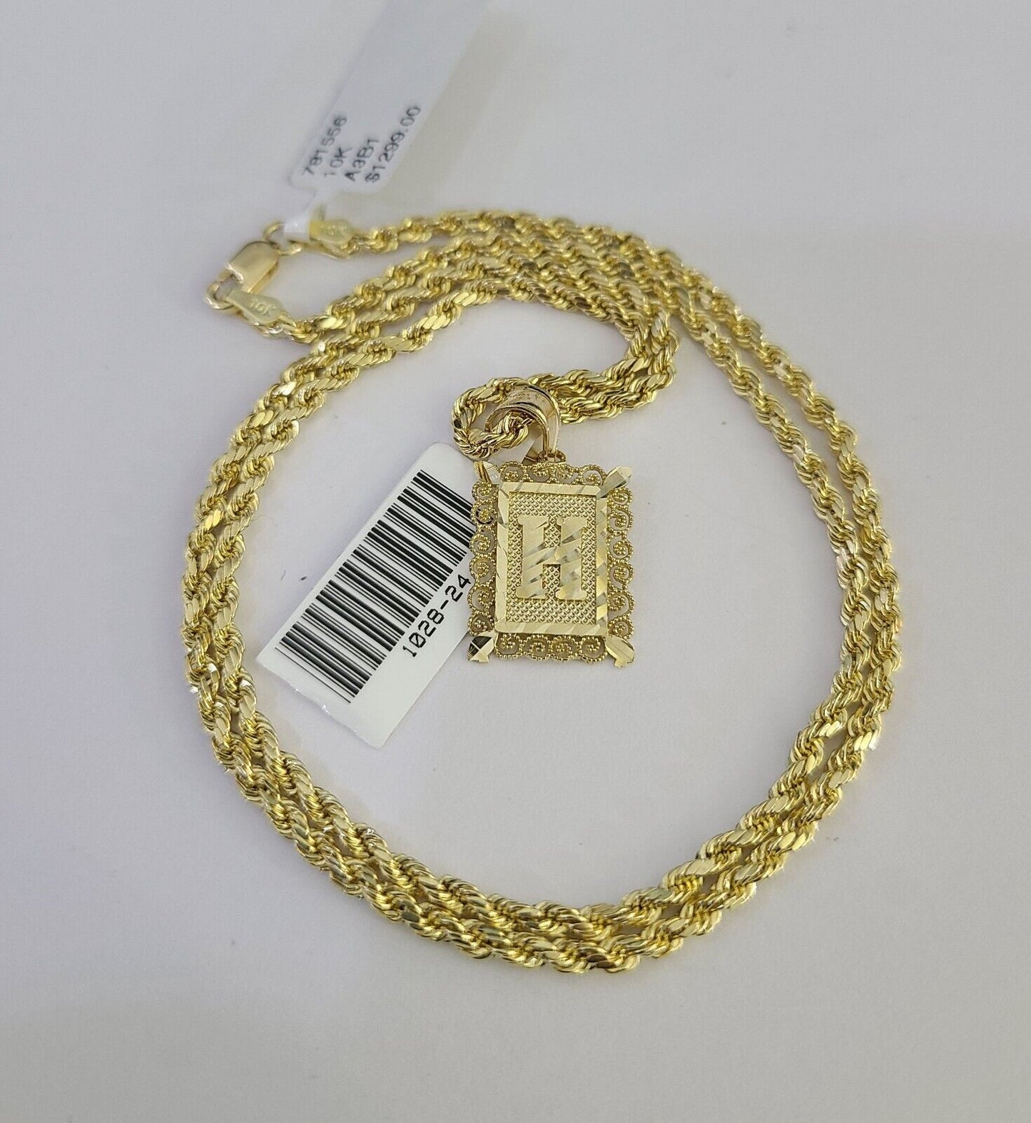 10k Gold Initial H Charm Rope Chain 16"-26" 2.5mm SET Necklace Alphabet Pendant