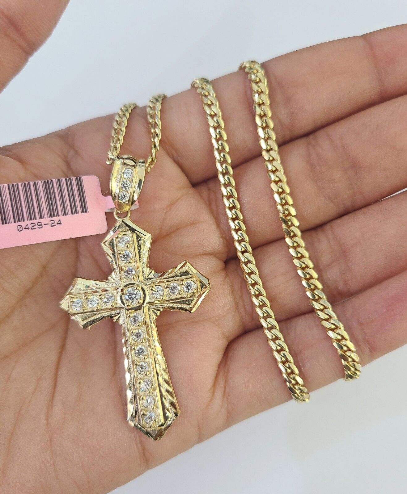 Real 14k Solid Chain Cross Charm Set Miami Cuban Link 3mm Necklace Pendant Gold