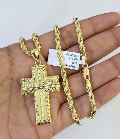 10k Solid Rope Chain Last Supper Cross Charm Set 4mm 18"-28" Necklace Yellow