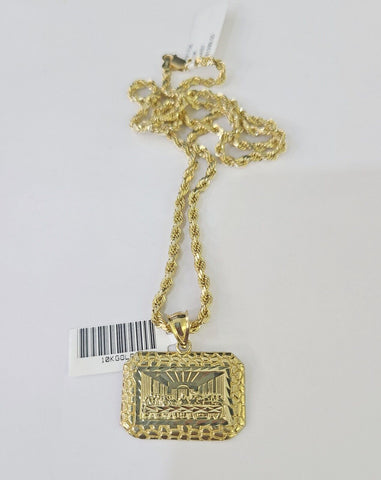 Real 10k 3mm Rope Chain Last Supper Pendant Charm 18" 20" 22" 24" 26" Set Yellow