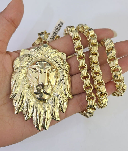 10k Gold Byzantine Necklace Lion Head Charm Pendant 20"-30" 8mm SET Chain