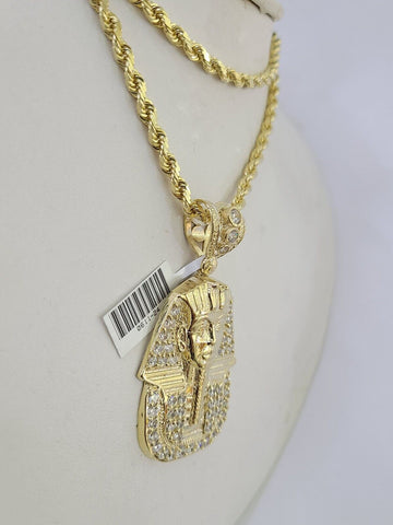 10k Solid Rope Chain Pharaoh Charm Set 4mm 18"-28" Necklace Yellow Gold Pendant