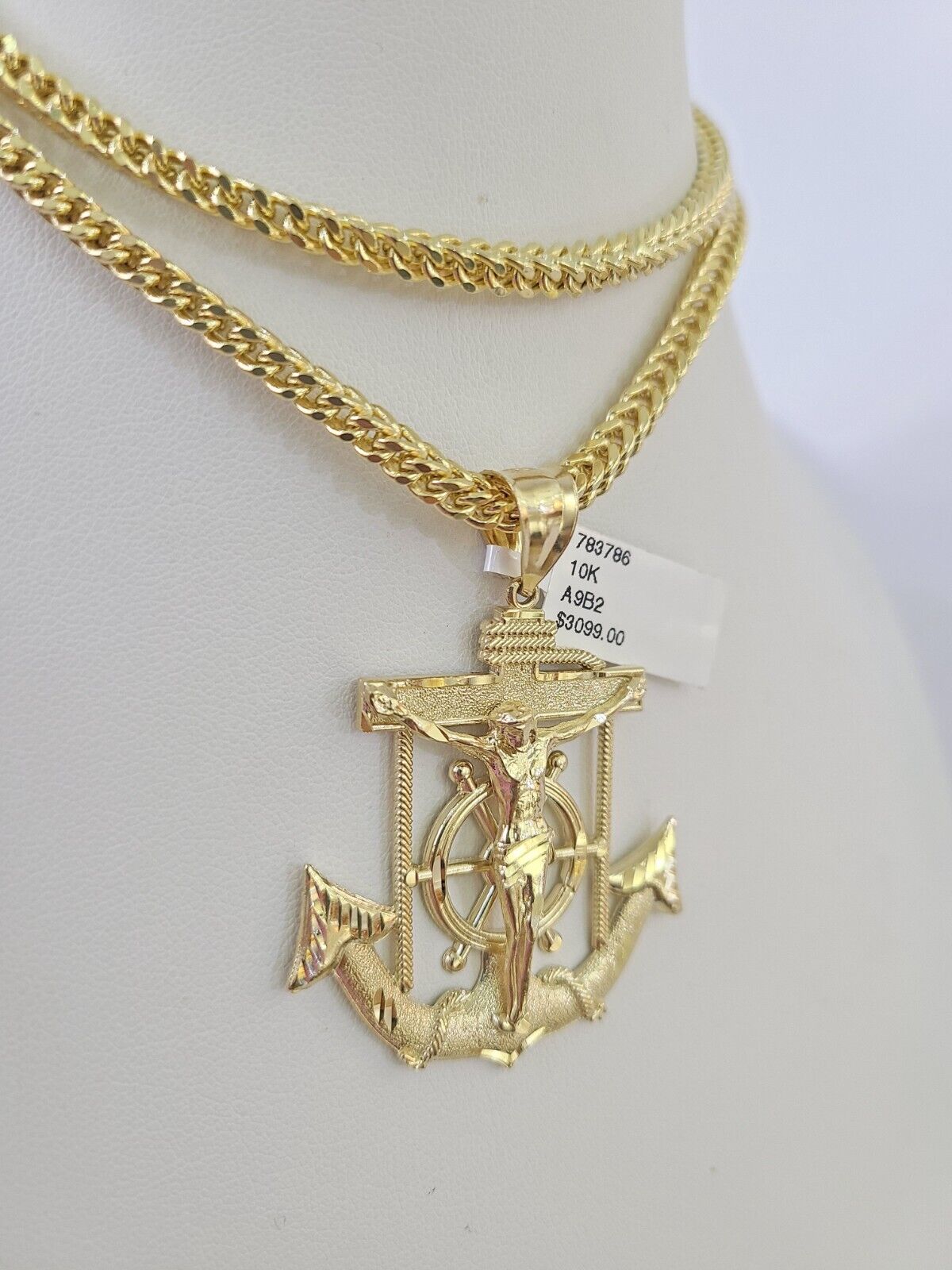 10K Franco Chain Jesus Anchor Pendant Charm Necklace 20"-28" 4mm Yellow Gold SET