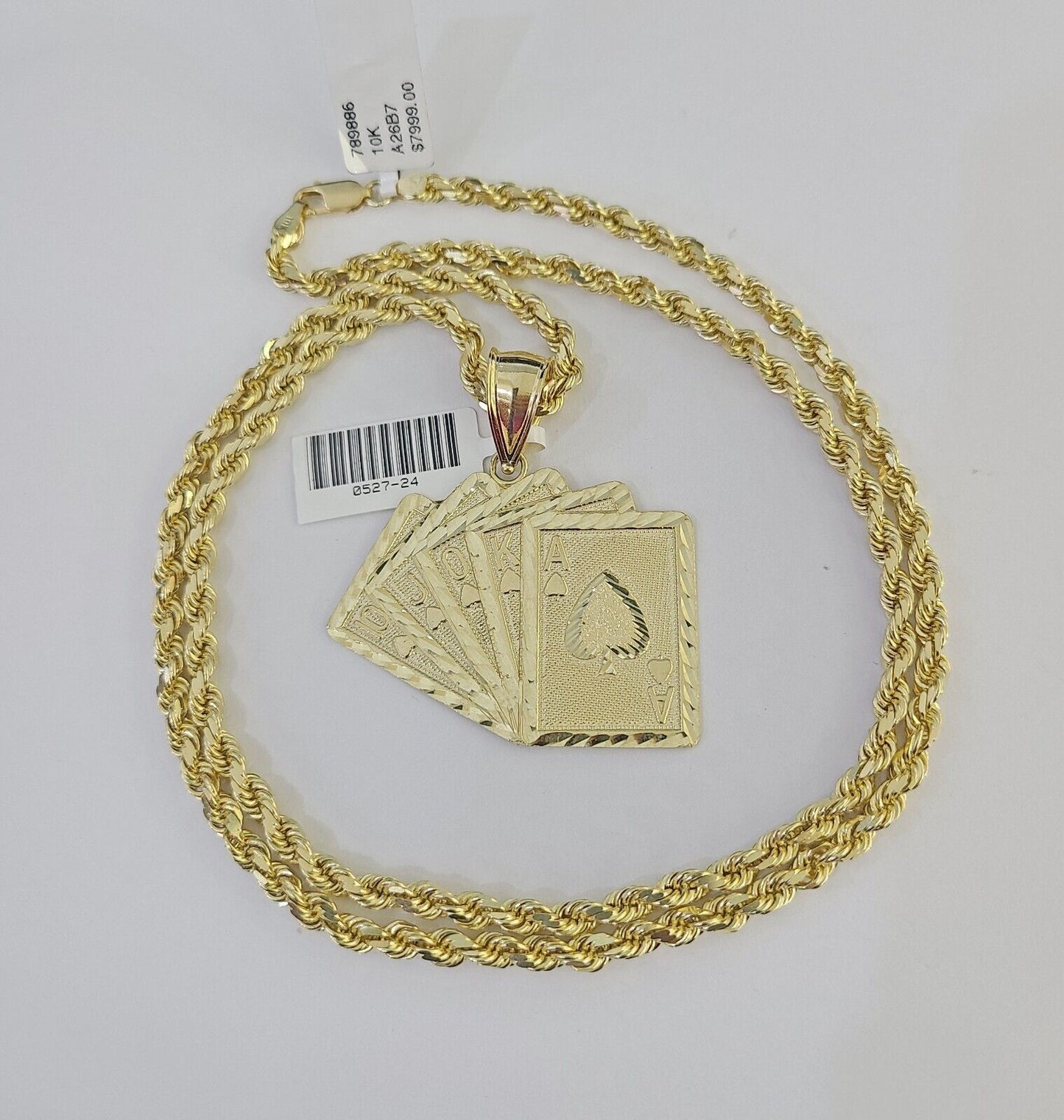 10k Solid Rope Chain Royal Flush Cards Charm Set 4mm 20"-28" Necklace Gold