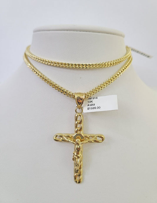 10K Franco Chain Jesus Cross Pendant Charm Necklace 20"-26" 3mm Gold Yellow SET