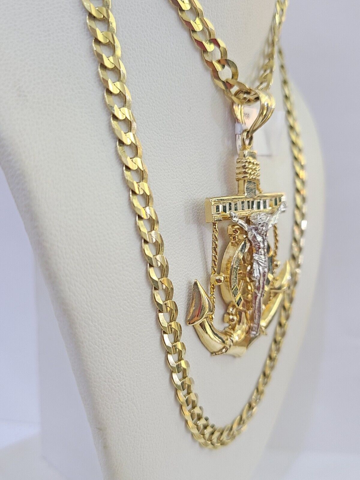 14k Gold Chain Jesus Anchor Charm Solid Cuban Curb 5mm 20"-26" Inch SET Necklace