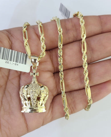 10k Milano Rope Chain Imperial Crown Charm Necklace SET 3mm 18"-26" Pendant