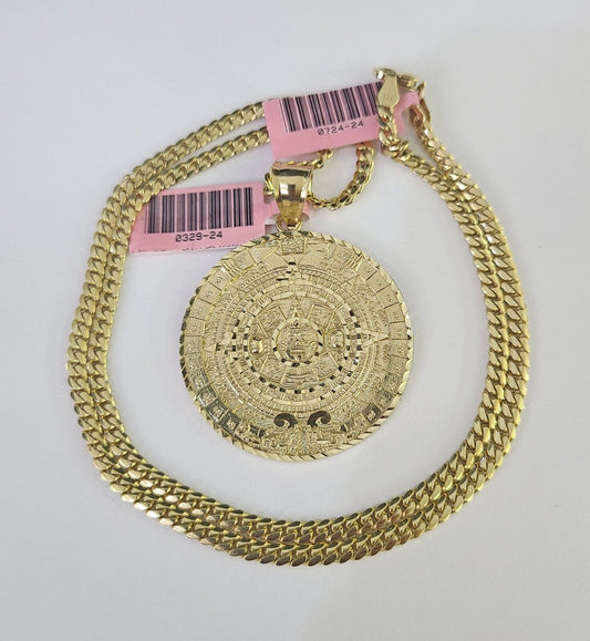 Real 14k Solid Chain Mayan Calendar Charm Set Miami Cuban 3mm Necklace Pendant