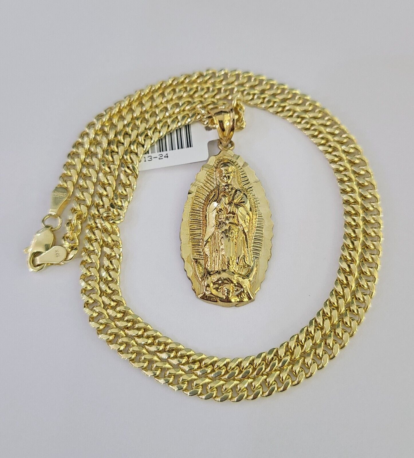 10k Miami Cuban Chain Virgin Mary Charm Set 4mm 18"-28" Necklace Yellow Gold