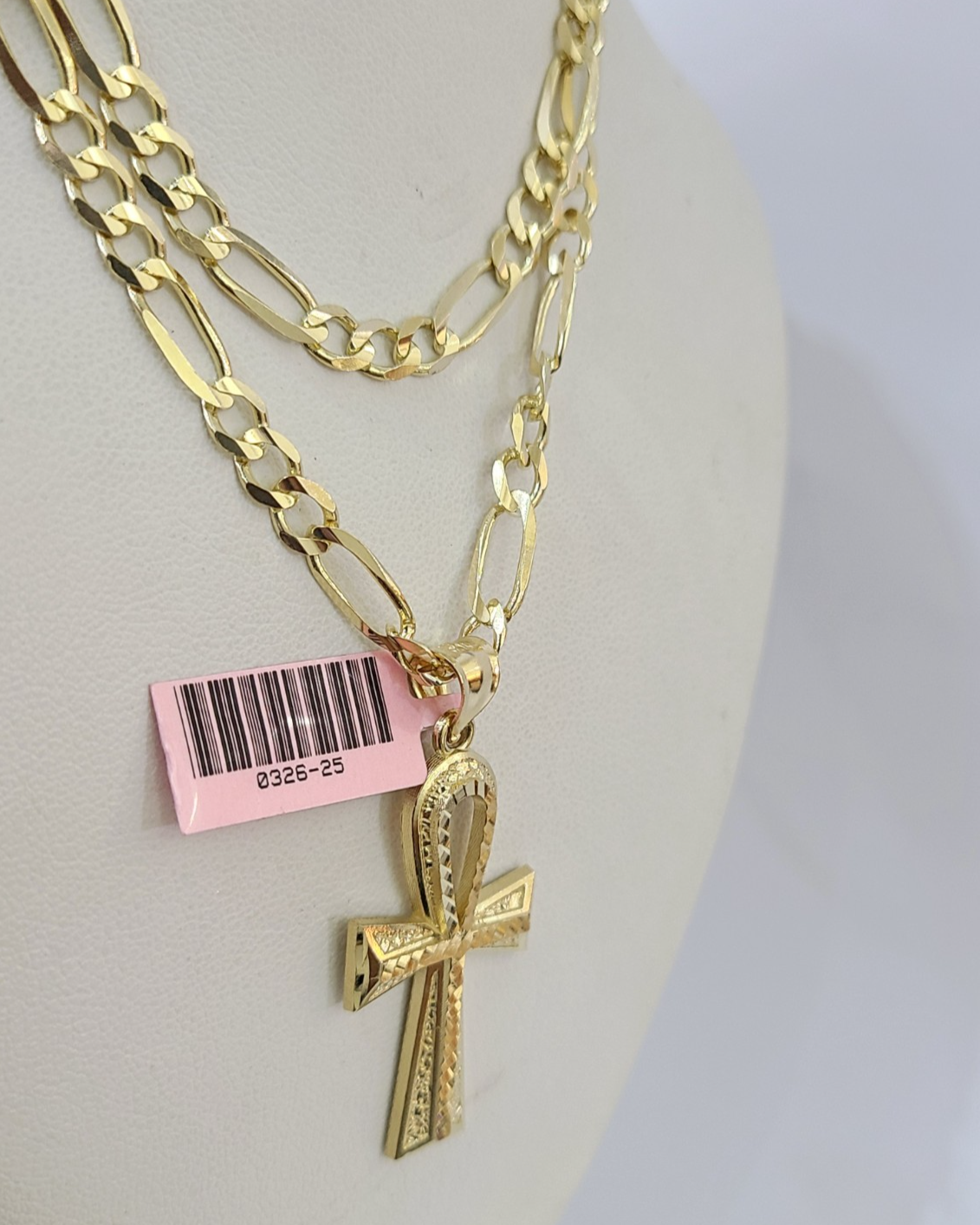 14k Solid Figaro Chain Ankh Jesus Cross Pendant Gold 5mm 18-28 inch SET Necklace