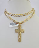 10k Solid Gold Cuban Curb Chain Jesus Cross Pendant 6mm 20"-30" SET Necklace