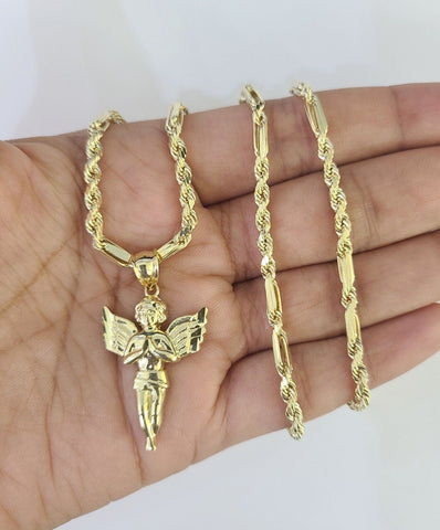 10k Milano Rope Chain Praying Angel Charm Necklace SET 3mm 18"-26" Pendant