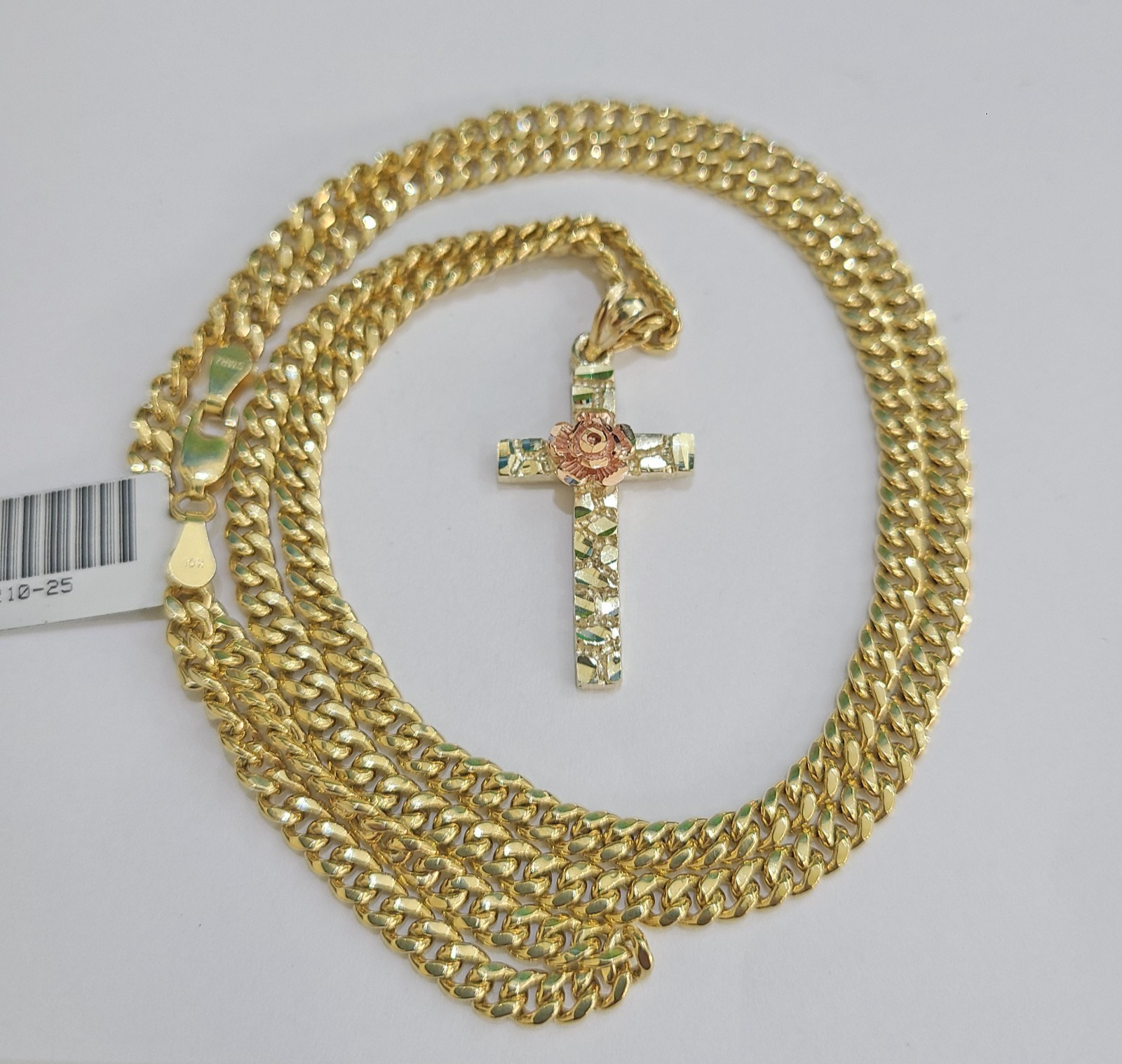 10k Gold Chain Miami Cuban Jesus Cross Charm Pendant Set 4mm 18"28" Necklace