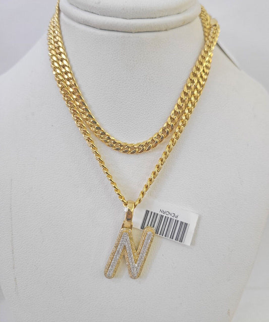 10k Miami Cuban Chain N Diamond Charm Set 4mm 18-26"Yellow Gold Necklace Pendant