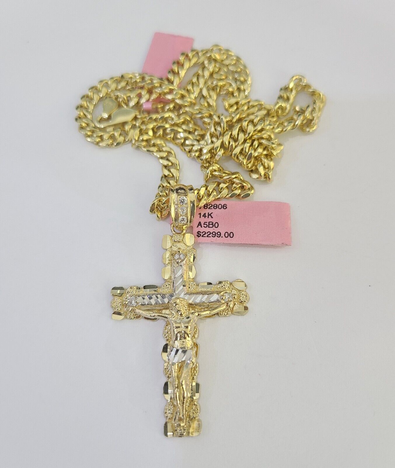 Real 14k Chain Cross Charm Set Miami Cuban Link 5mm 18"-30" Necklace Pendant