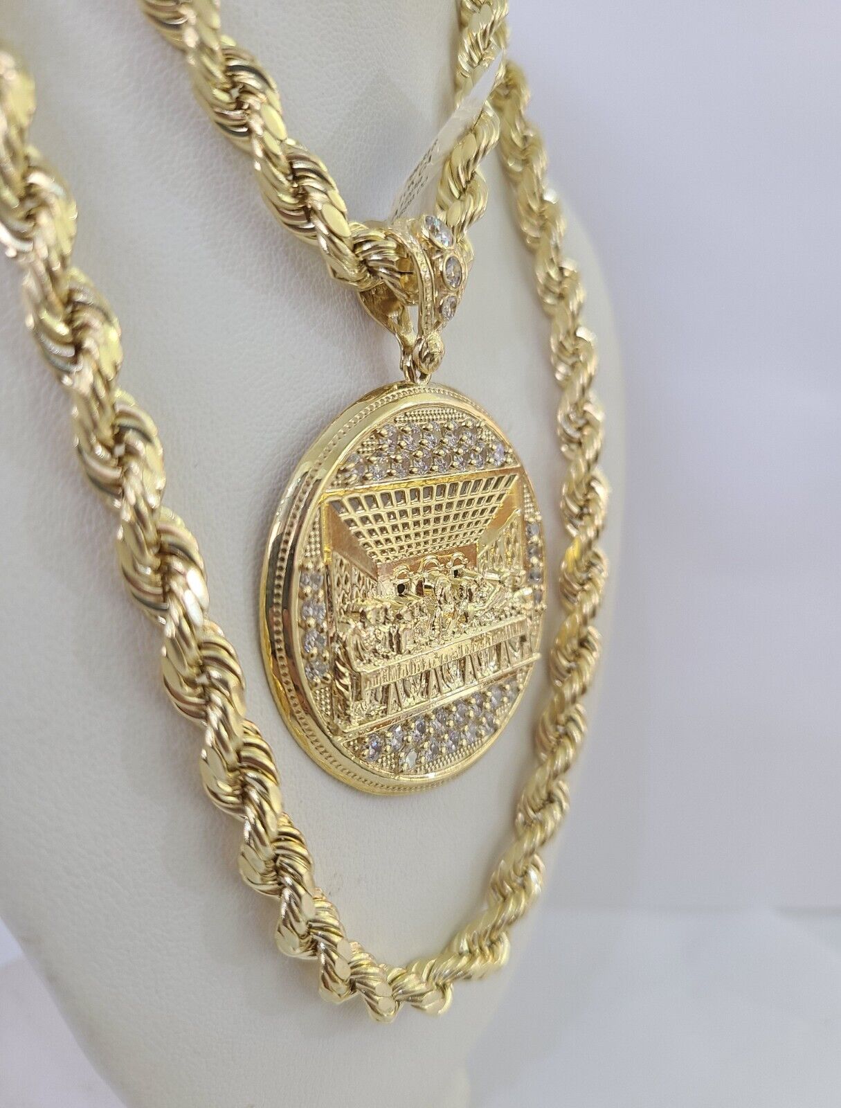 Real 10k Rope Chain Last Supper Charm Set 7mm 20"-28" Inch Necklace Yellow Gold