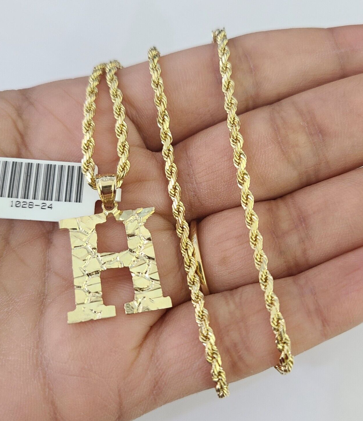 10k Gold Initial H Charm Rope Chain 16"-26" 2.5mm SET Necklace Alphabet Pendant