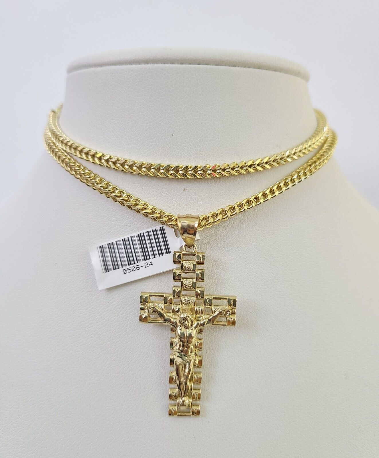 10K Franco Chain Jesus Cross Pendant Charm Necklace 20"-26" 3mm Gold Yellow SET