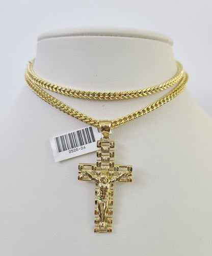 10K Franco Chain Jesus Cross Pendant Charm Necklace 20"-26" 3mm Gold Yellow SET