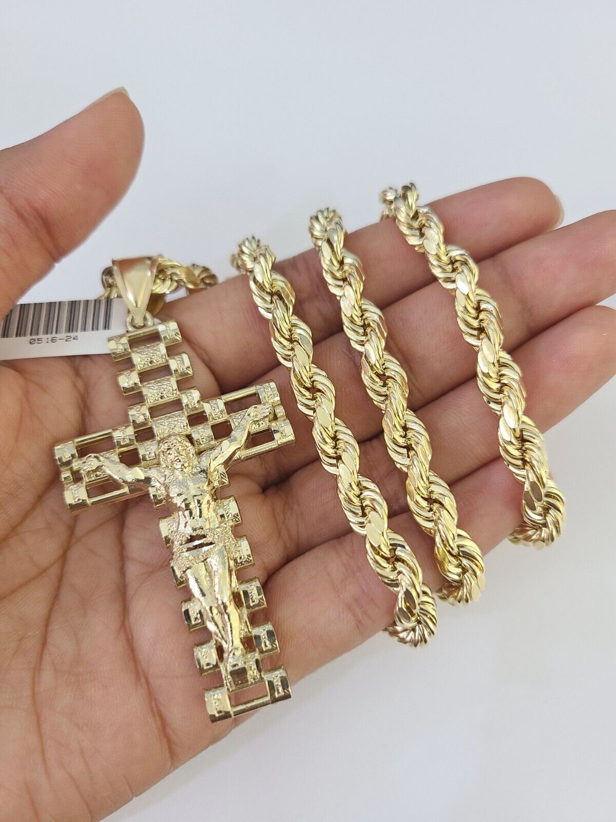 Real 10k Rope Chain Jesus Cross Charm Set 7mm 20"-28" Inch Necklace Yellow Gold