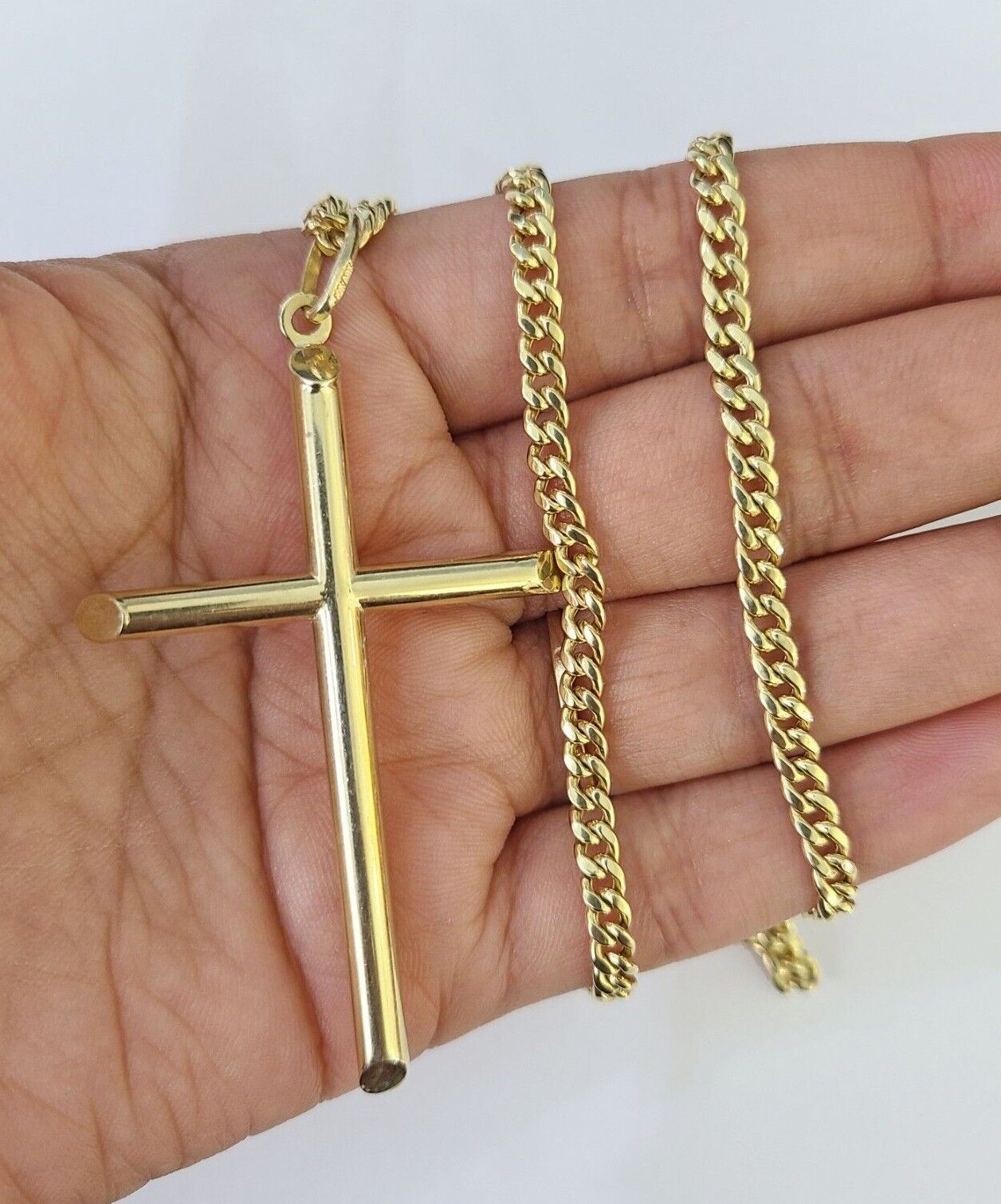 10k Miami Cuban Chain Jesus Cross Charm Set 4mm 18"-28" Necklace Yellow Gold