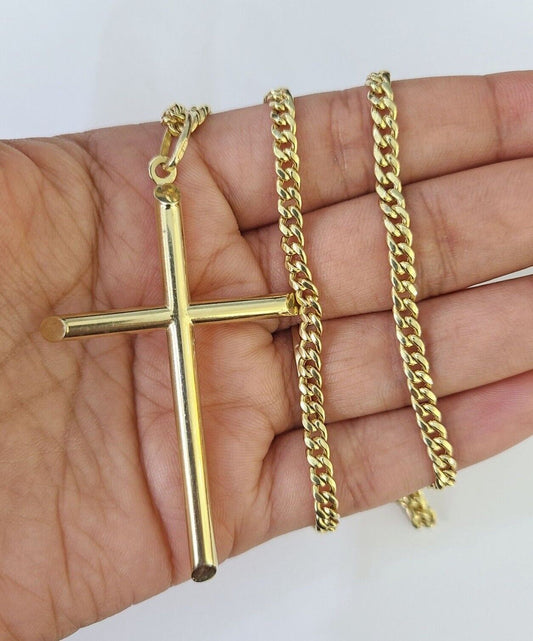 10k Miami Cuban Chain Jesus Cross Charm Set 4mm 18"-28" Necklace Yellow Gold