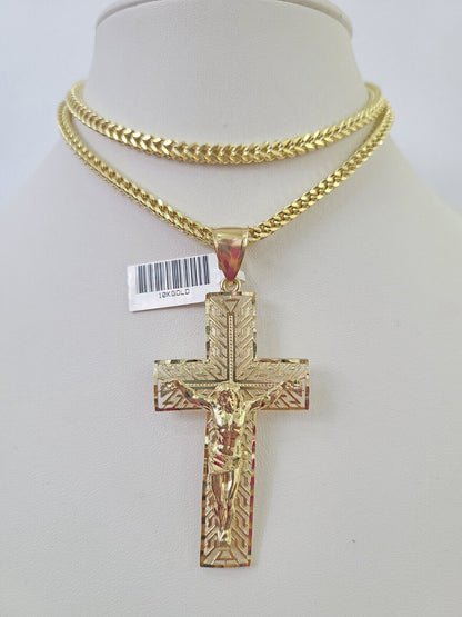 10K Franco Chain Jesus Crucifix Cross Pendant Charm Necklace 20"-28" 4mm Gold