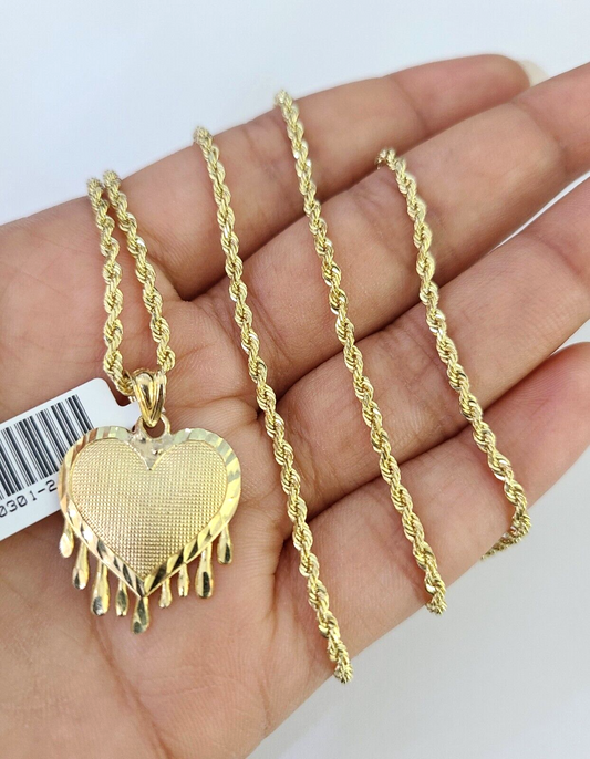 10k Solid Rope Chain 2mm Dripping Heart Pendant Charm Necklace SET 16-22" Ladies