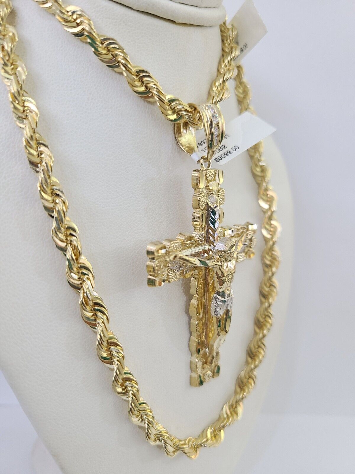 Real 10k Solid Rope Chain Nugget Cross Charm Set 6mm 20"-30" Inch Necklace Gold